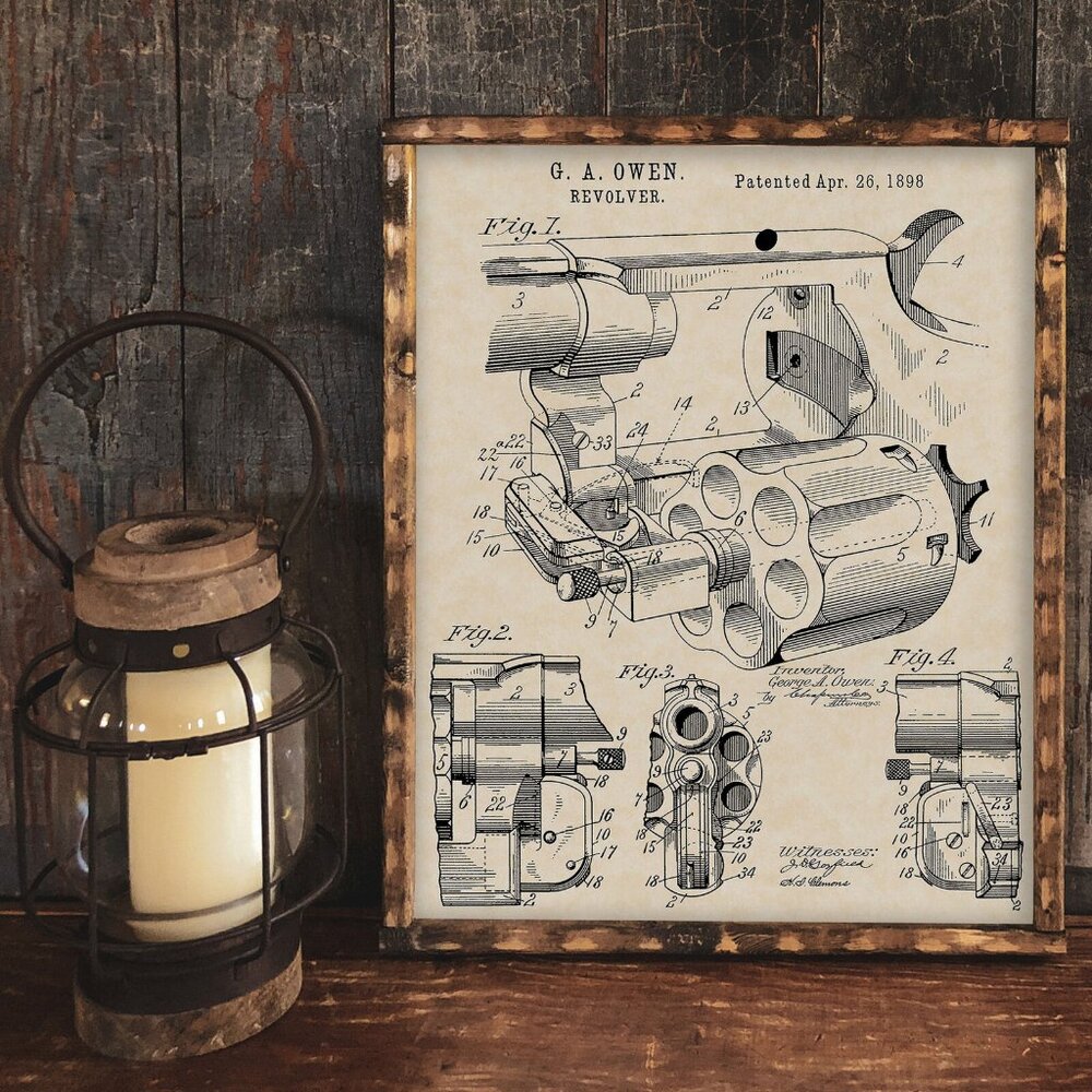 1898 G. A. Owen Revolver Patent Firearm Art 20x16 Vintage Gun Print on Parchment